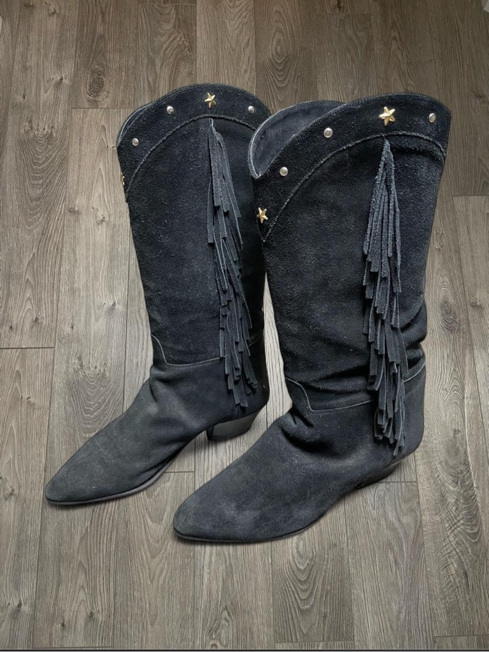 Vintage Italian Black Suede Fringe Western Boots Star Studs 37 / US 6.5 Boho